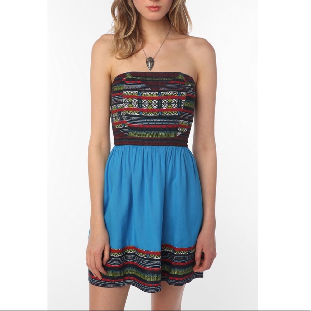 Silence & Noise Anthropologie Blue Aztec Tribal Strapless Mini Printed Dress